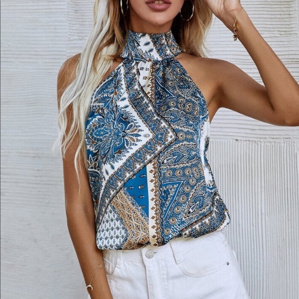 Boho Paisley Floral Print Satin Halter Tank Top Mint - Picture 4 of 14